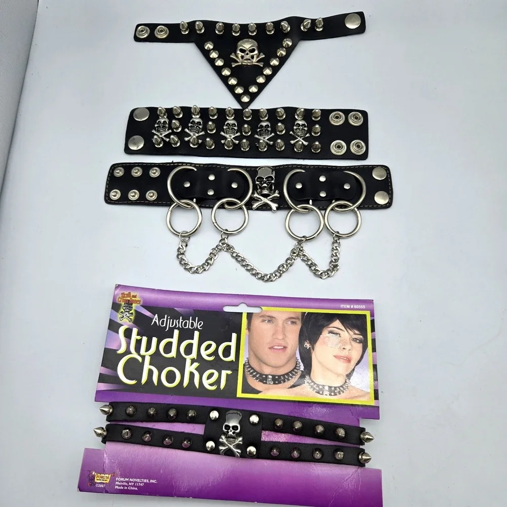 Punk Rock Choker & Bracelets Jewelry Lot Gothic Studded Skull & Bones Halloween
